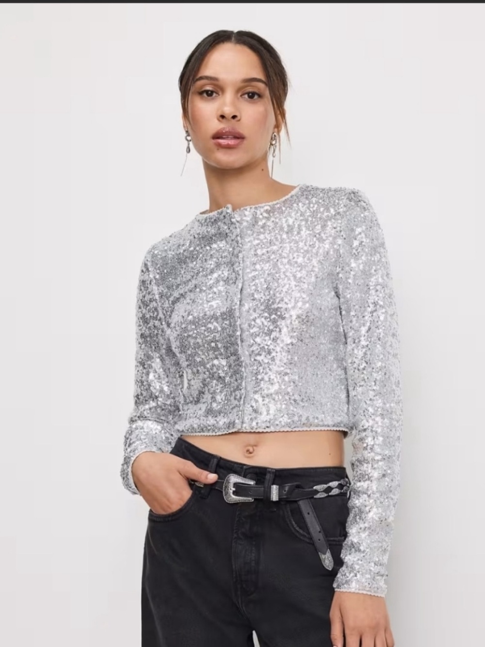Good American Silver Sequin Long-Sleeve Crop Top